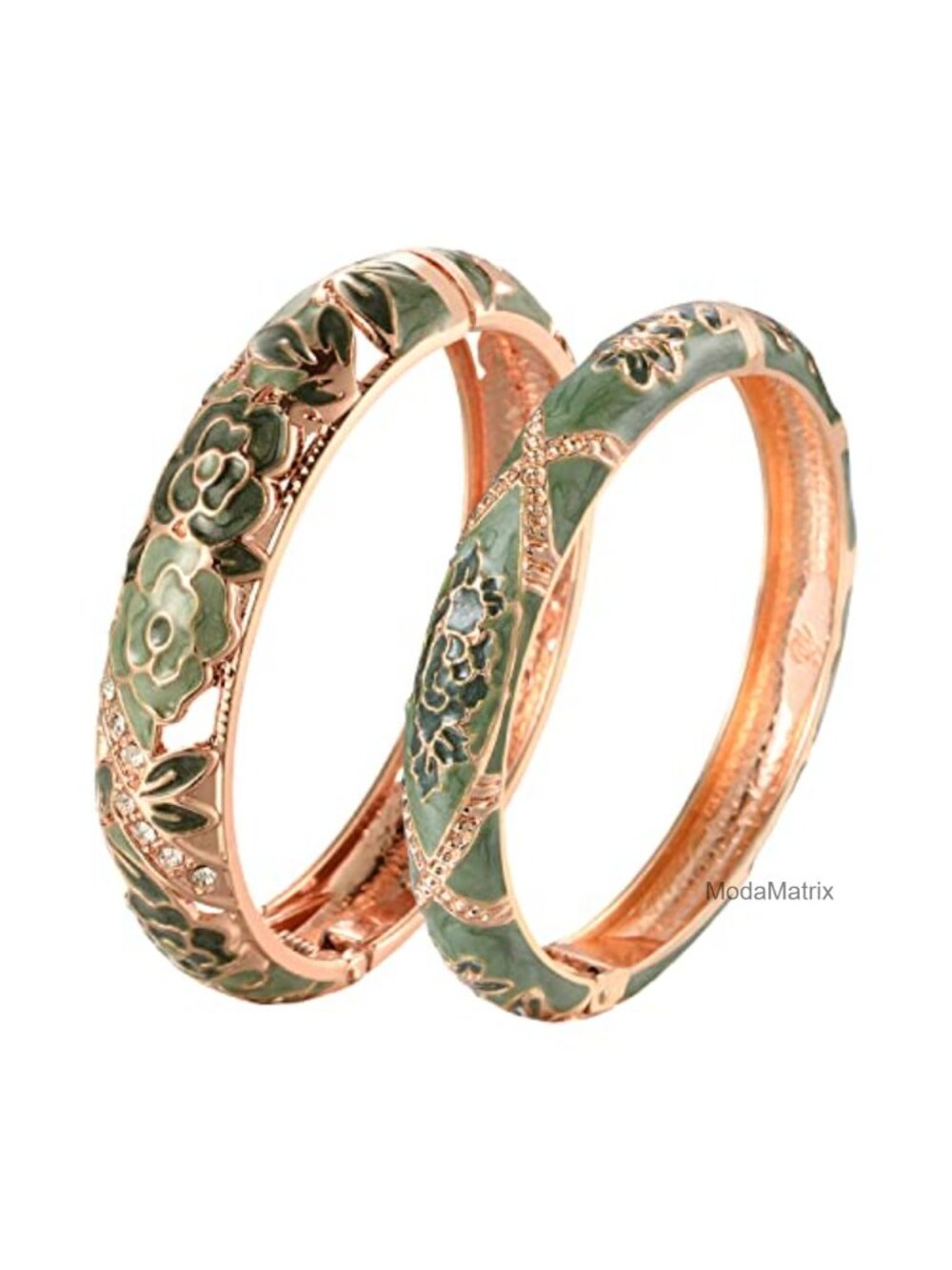 Cloisonne Enameled Rhinestone Rose Hinged Cuff Bracelet Bangles 2-Pc Set